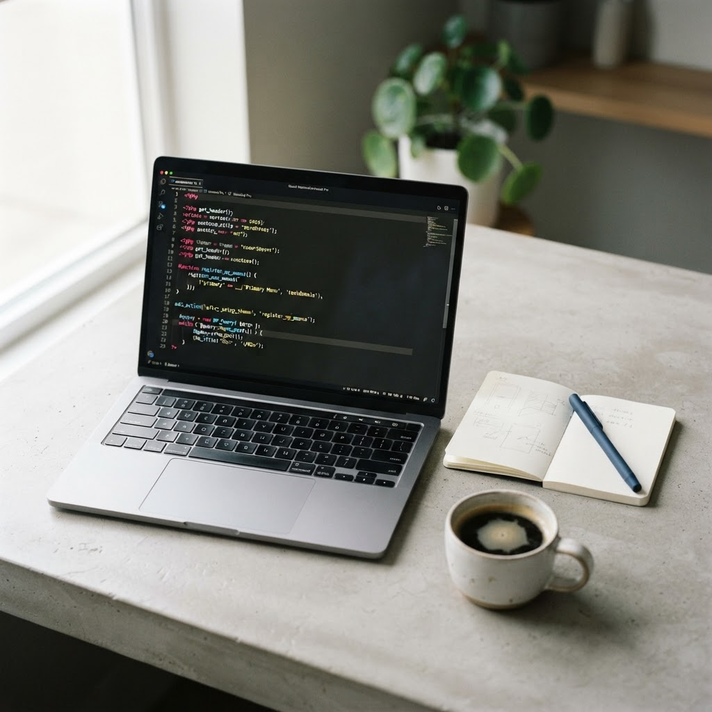 A developer workspace with a laptop showing WordPress code, a notebook and coffee
